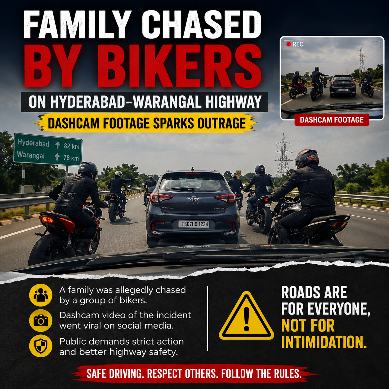 Family chased by bikers on Hyderabad–Warangal highway